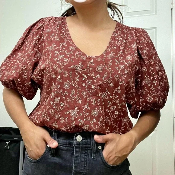 MADEWELL Puff Sleeve Floral Blouse Size L Burgudy Boho Fall top cottagecore - Picture 1 of 8